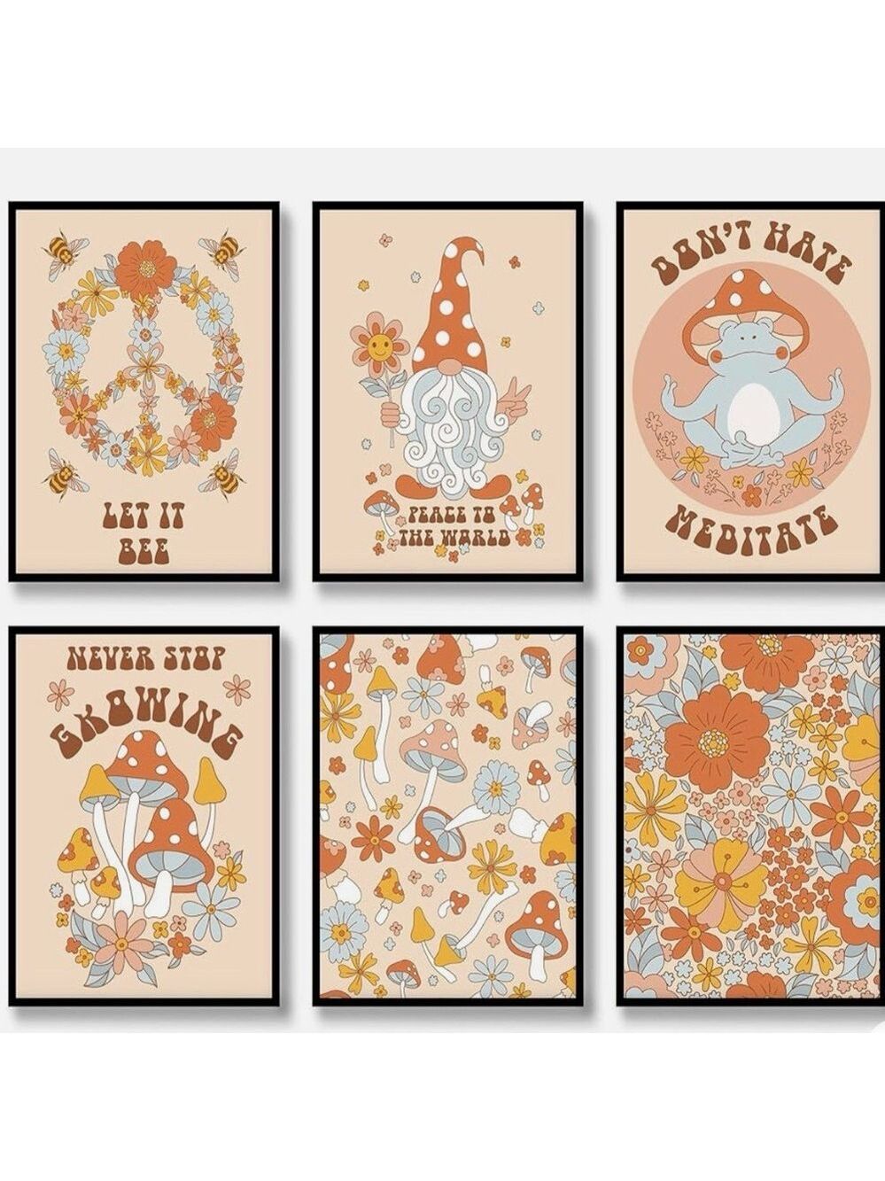 6 PC Retro Boho Hippie Canvas Wall Art Set Groovy Mushroom & Gnome Prints